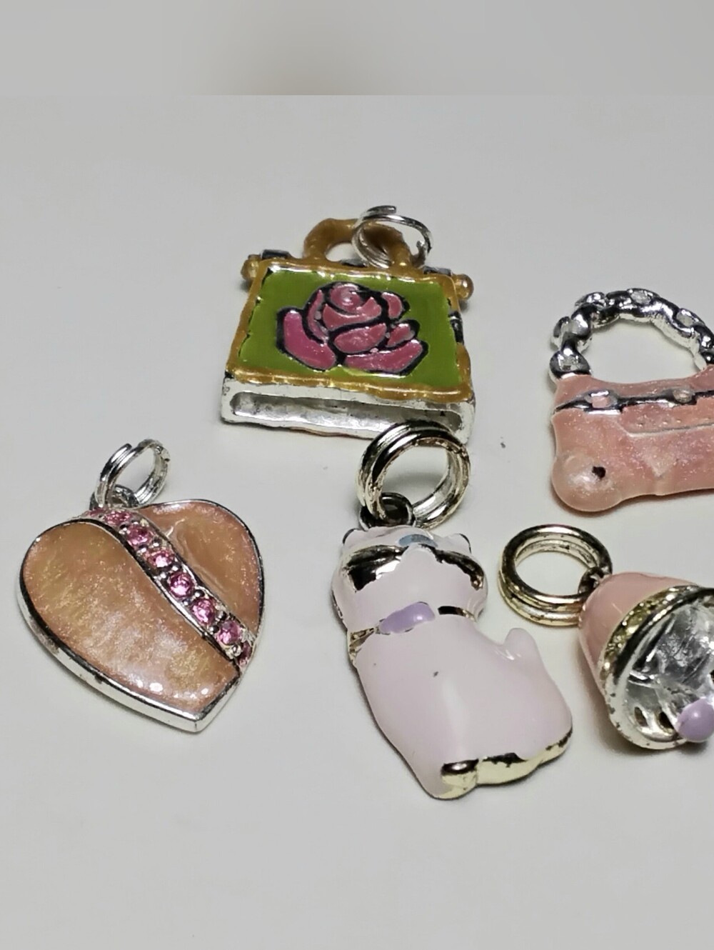 925 Silver 5 Lot Charms Purse, Cat, Bell, Heart